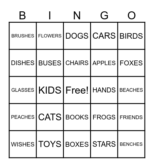 -S / -ES ENDINGS Bingo Card