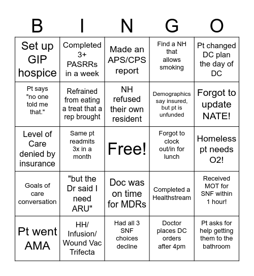 Case Management Bingo Card