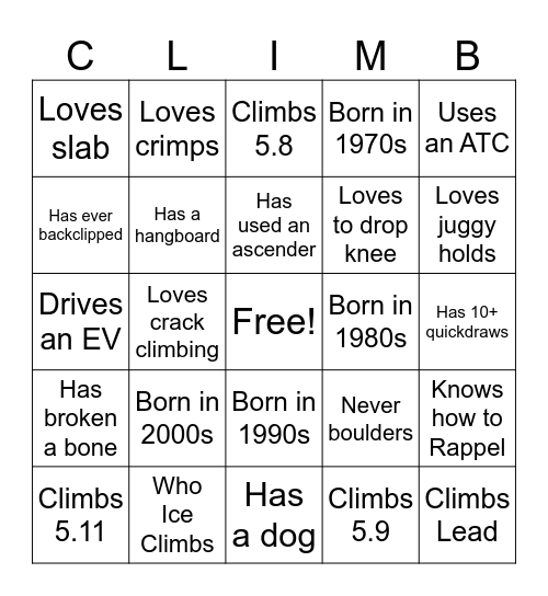 Find a Climber who... Bingo Card