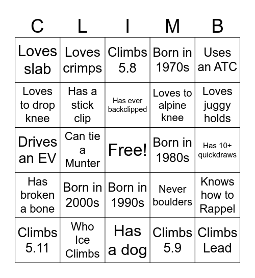 Find a Climber who... Bingo Card