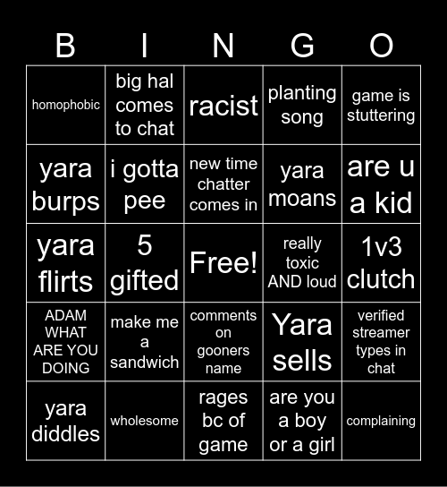 YARA B DAY BASH BINGO Card
