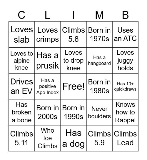 Find a Climber who... Bingo Card