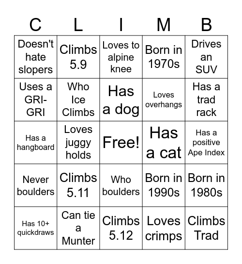 Find a Climber who... Bingo Card