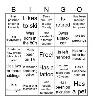 Rendina Family Bingo Card