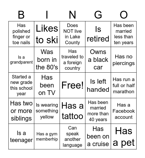 Rendina Family Bingo Card