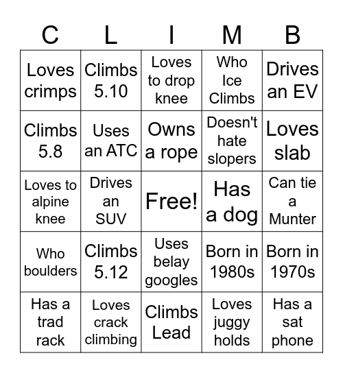 Find a Climber who... Bingo Card