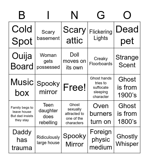 Goons Ghost movie Bingo Card