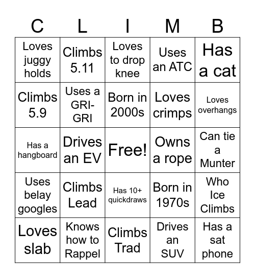 Find a Climber who... Bingo Card