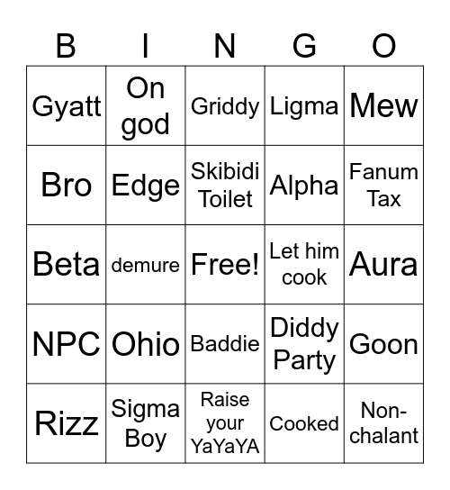 Brainrot Bingo Card