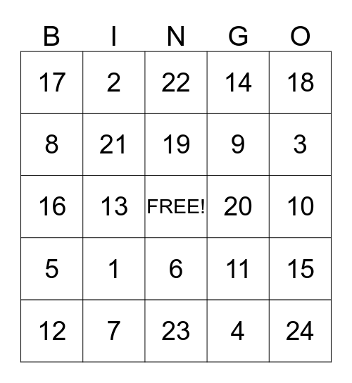 Los Numeros 1 -20 Bingo Card