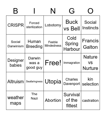 Orgins of Species Bingo Card