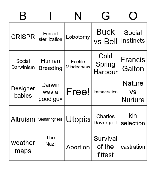 Orgins of Species Bingo Card