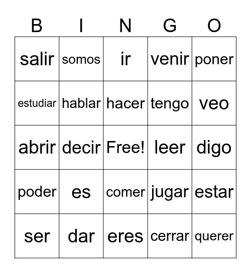Verbos Comunes Bingo Card