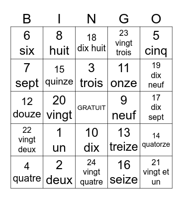 French Number Bingo Card