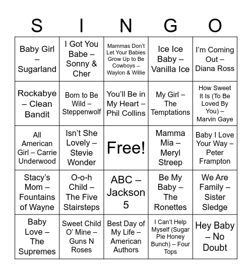 SINGO Bingo Card
