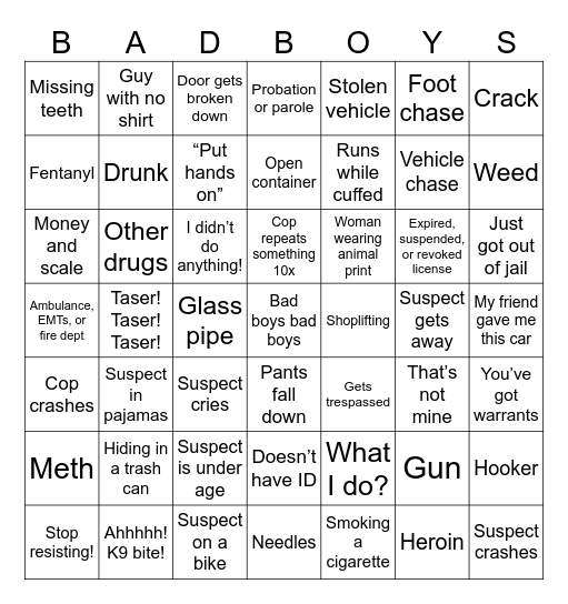 Cops Bingo Card