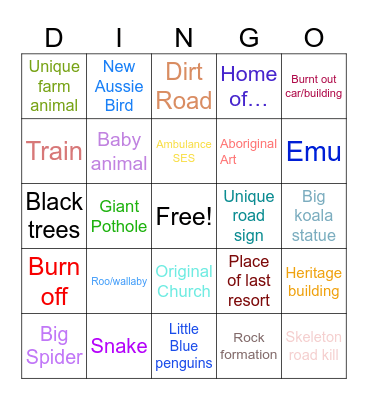 Victoria Australia Road Trip Bingo Card