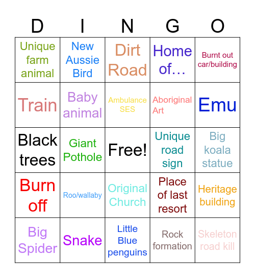 Victoria Australia Road Trip Bingo Card