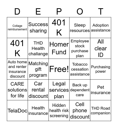 Home Depot Benifits Bingo Card