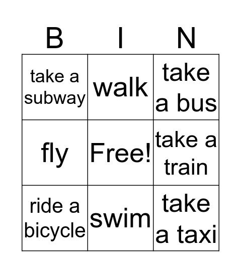 Transportation Bingo Card