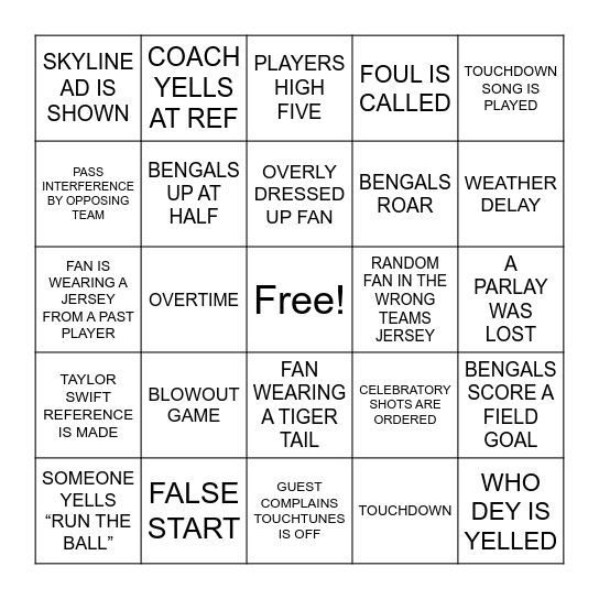 Millions Bengals Bingo Card