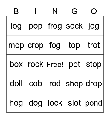 Lesson #37, Short o Bingo Card