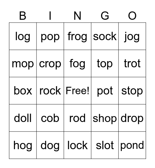 Lesson #37, Short o Bingo Card