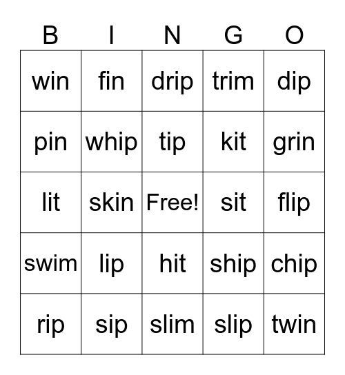 Lesson #36, Short i Bingo Card
