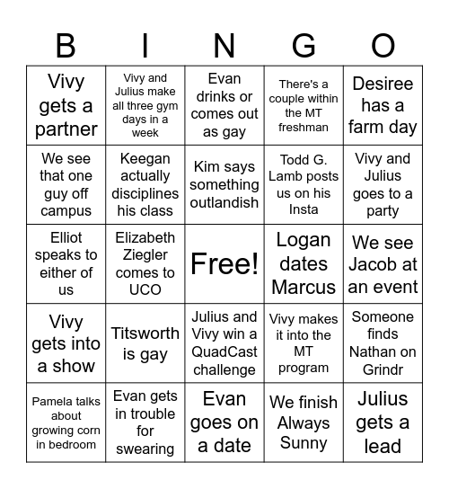 Vivy and Julius' Freshman Year Bingo Card