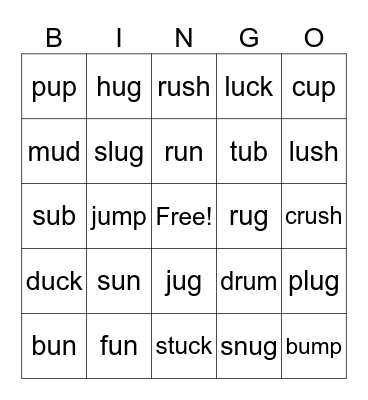 Lesson # 39, Short u Bingo Card