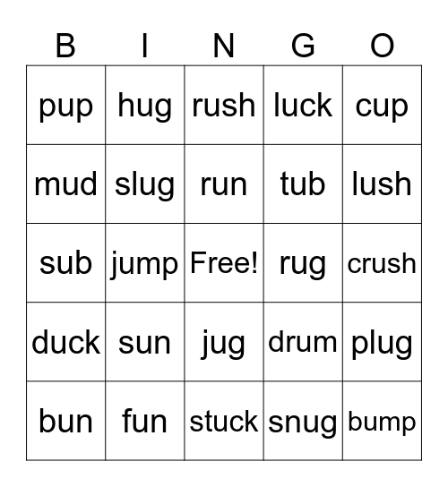 Lesson # 39, Short u Bingo Card