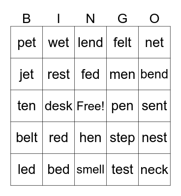 Lesson #40, Short e Bingo Card