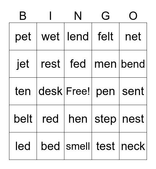 Lesson #40, Short e Bingo Card