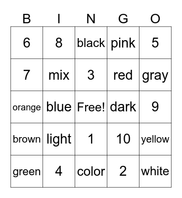 ASL: Color & #1-10 Bingo Card
