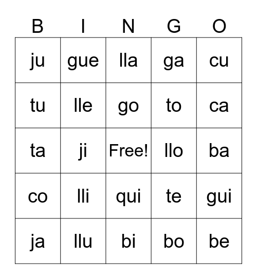 Silabas Abierta Bingo Card