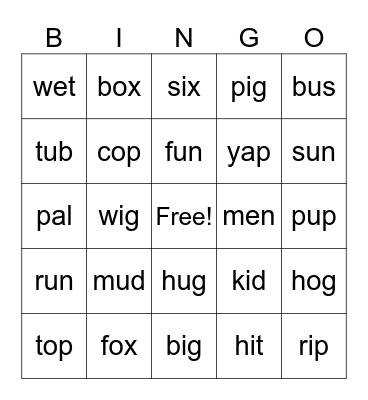 3 letter word Bingo Card