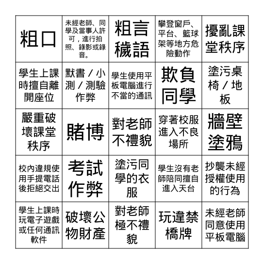 學生懲罰(Punishments)／投訴／罰停學／開除學藉(Expelled)的原因Bingo Card