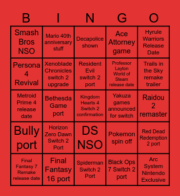 Nintendo Direct Bingo Card