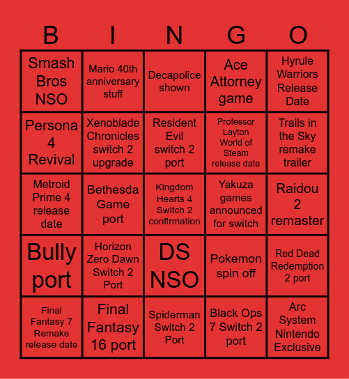 Nintendo Direct Bingo Card