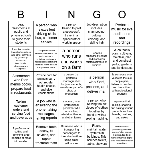 JOBS BINGO .. TEACHER FRANKLIN Bingo Card