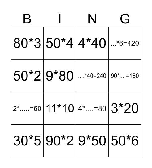 การคูณจำนวนเต็ม 10 20 30 40 ... Bingo Card
