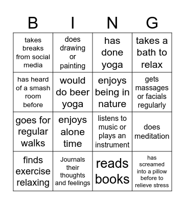 Self-care Bingo Card