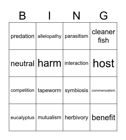 Species Interactions Bingo Card