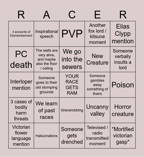 The Ram Race Chapter 1 Bingo Card