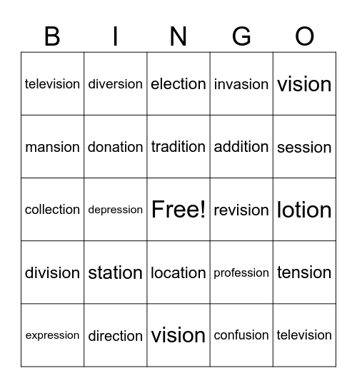 tion - sion Bingo Card