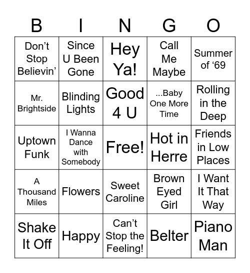 Music Quiz Bingo Card