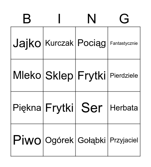 Polish Words Bingo Card
