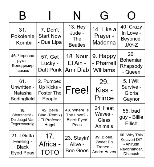 Musical Bingo Card