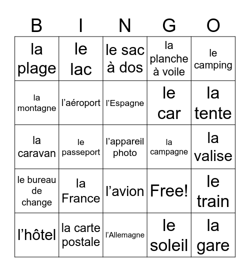 Les Vacances Bingo Card