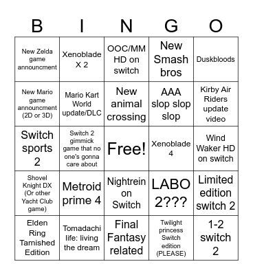 Nintendo direct bingo Card